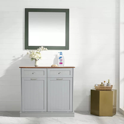 KIGOTY Dual Kitchen Trash Cabinet, Double Tilt Out Trash Can Cabinet with Countertop and Drawer, Free-Standing Pet Proof Recycling Cabinet Garbage Can Holder, Wood (White)