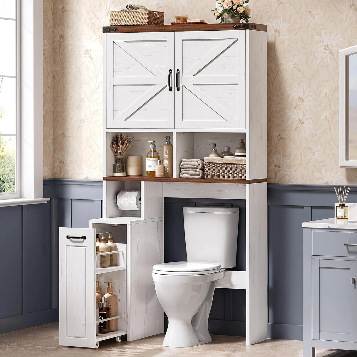 Frhnenha Over The Toilet Storage Cabinet with Pulley, Bathroom Storage Cabinet, with Adjustable Shelf and Open Shelf for Bathroom, Restroom, Laundry, White