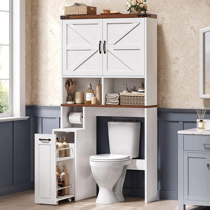 Frhnenha Over The Toilet Storage Cabinet with Pulley, Bathroom Storage Cabinet, with Adjustable Shelf and Open Shelf for Bathroom, Restroom, Laundry, White