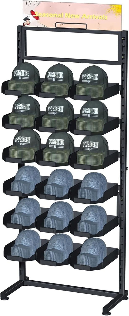 Ztysn 6 Tier Baseball Hat Rack Stand, Holds 180 Caps, 18 Trays, Adjustable Standing Coat Rack for Home Commercial Use,Black Metal