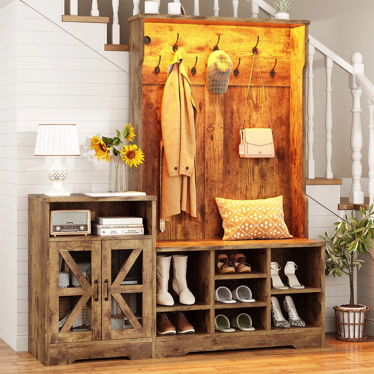 Farmhouse Wood Hall Tree with Shoe Bench and Console Table, LED 4-in-1 Coat Rack with 8 Hooks and 7 Adjustable Shoe Cubbies, Multifunctional Entryway Storage Organizer with Cabinet, Vintage White