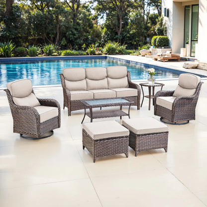 Bellefurn Luxury Outdoor Patio Furniture Set,Swivel Rocker Patio Chairs with 6-inch Thick Cushion,Patio Sofa and Glass Coffee Table,Outdoor Conversation Set for Porch, Deck, Yard