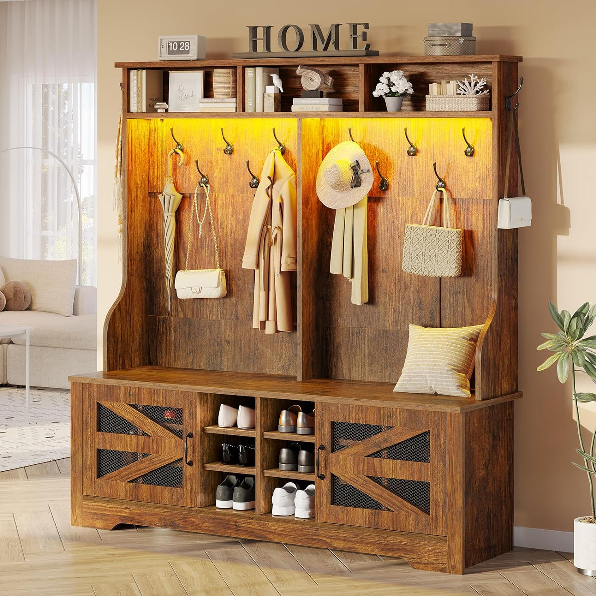 Hall Tree with Coat Rack and 16 Shoe Cubbies, 5-in-1 Entryway Bench with Bench and Shoe Storage, Barn Door & Adjustable Shelf, Embossed White