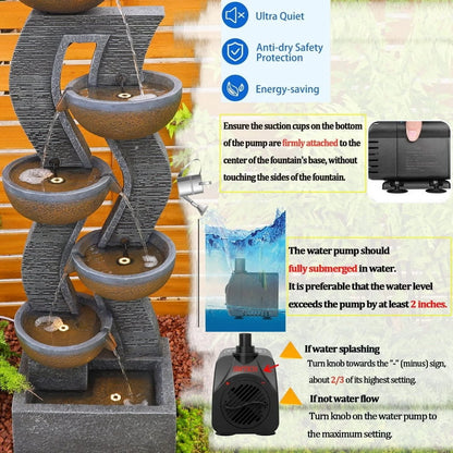6-Tiered Garden Water Fountains Large Outdoor Fountains and Waterfalls with Light for Patio Yard Porch Pool Decor