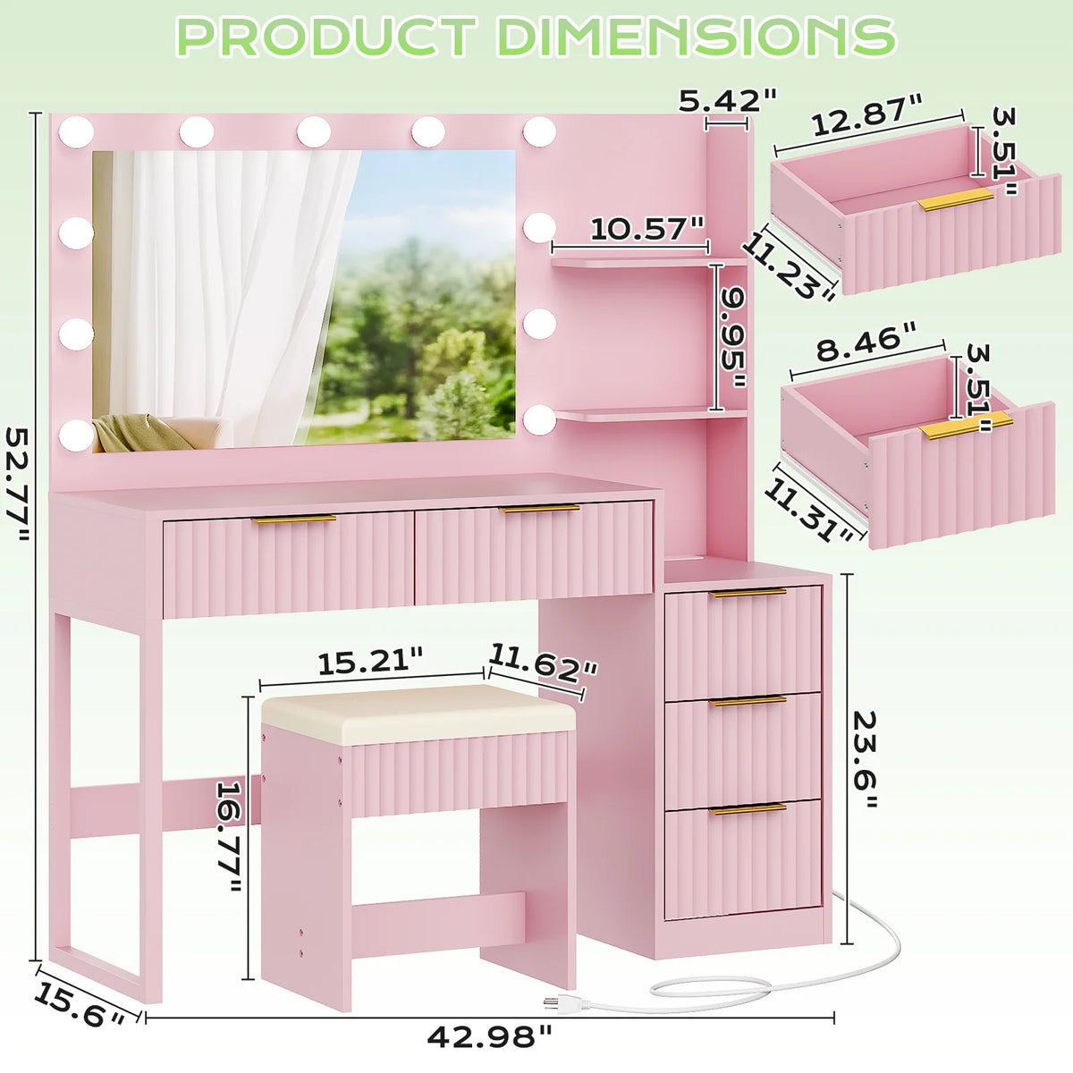 Ktaxon Flutted Makeup Vanity Table Set with 5 Drawer, Dressing Table w/Charging Station, Vanity Desk for Femal Gift, White