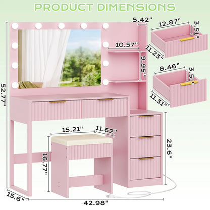 Ktaxon Flutted Makeup Vanity Table Set with 5 Drawer, Dressing Table w/Charging Station, Vanity Desk for Femal Gift, White