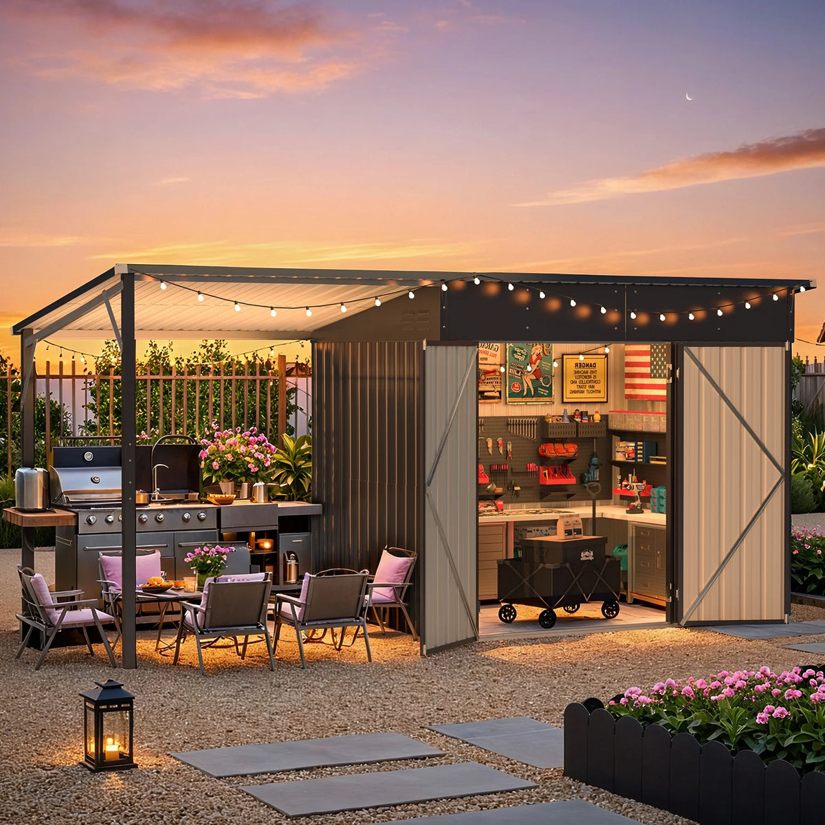 YODOLLA Outdoor Open-Sided Storage Shed, 3x5 Sheds & Outdoor Storage with 15 Sq. Ft Covered, 5x3 Small 2-in-1 Tool Shed with Attached Hardtop Metal Pergola Gazebo