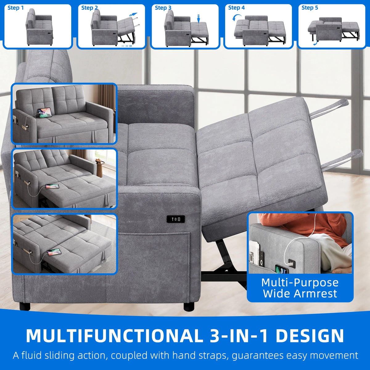 Dextrus  3-in-1 Convertible Futon Sofa Bed, Modern Sleeper Sofa with Pull-Out Bed for Small Place, Beige