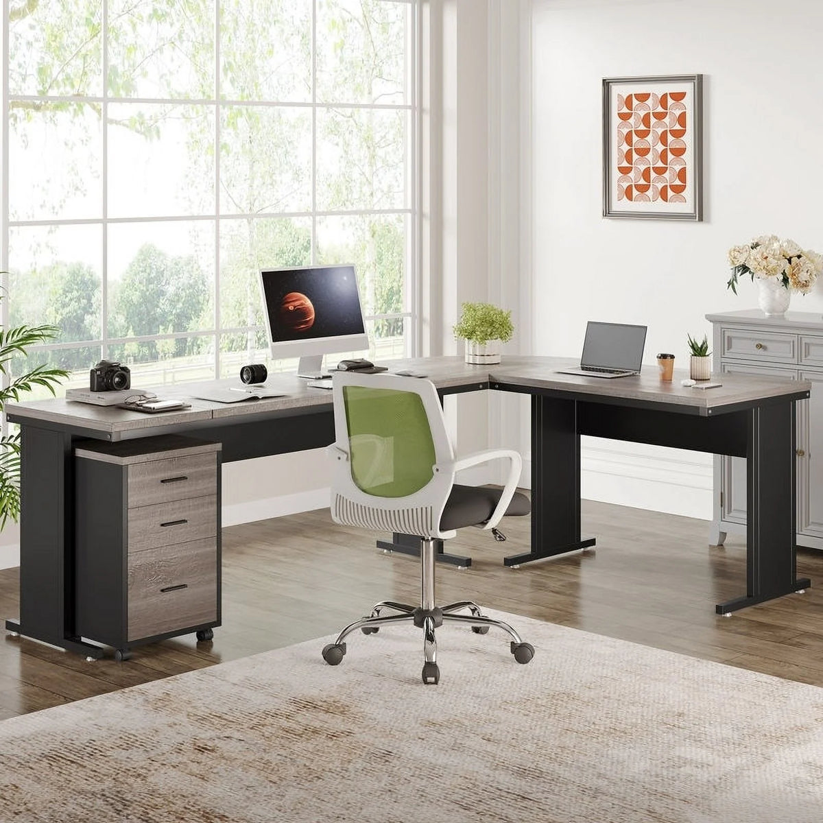 83" L-Shaped Executive Desk, Large L Office Desk with 3-Drawer Mobile File Cabinet, Business Furniture Desk Workstation Brown
