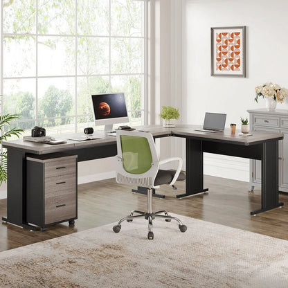 83" L-Shaped Executive Desk, Large L Office Desk with 3-Drawer Mobile File Cabinet, Business Furniture Desk Workstation Brown