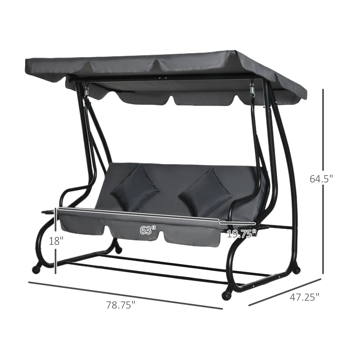 Outsunny 3-Seat Steel Outdoor Canopy Porch Swing with Cushions and Pillows, Light Brown