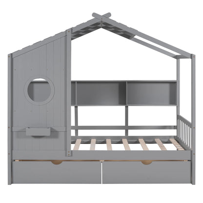 Bellemave House Bed with 2 Drawers and Storage Shelves, Wood Full Size Montessori Bed Frame with Roof and Window, Playhouse Bed for Bedroom (White)