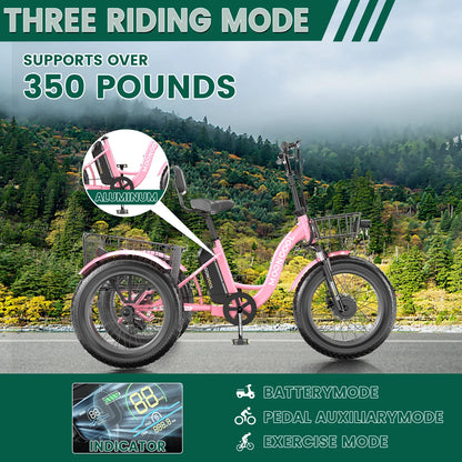 20" x 4" Fat Tire Electric Tricycle for Adult, 7 Speeds Electric Trike 48V 500W Motorized Tricycle , Electric Three Wheels Bicycle for Senior, Aluminum Frame & Rear Basket ,16mph