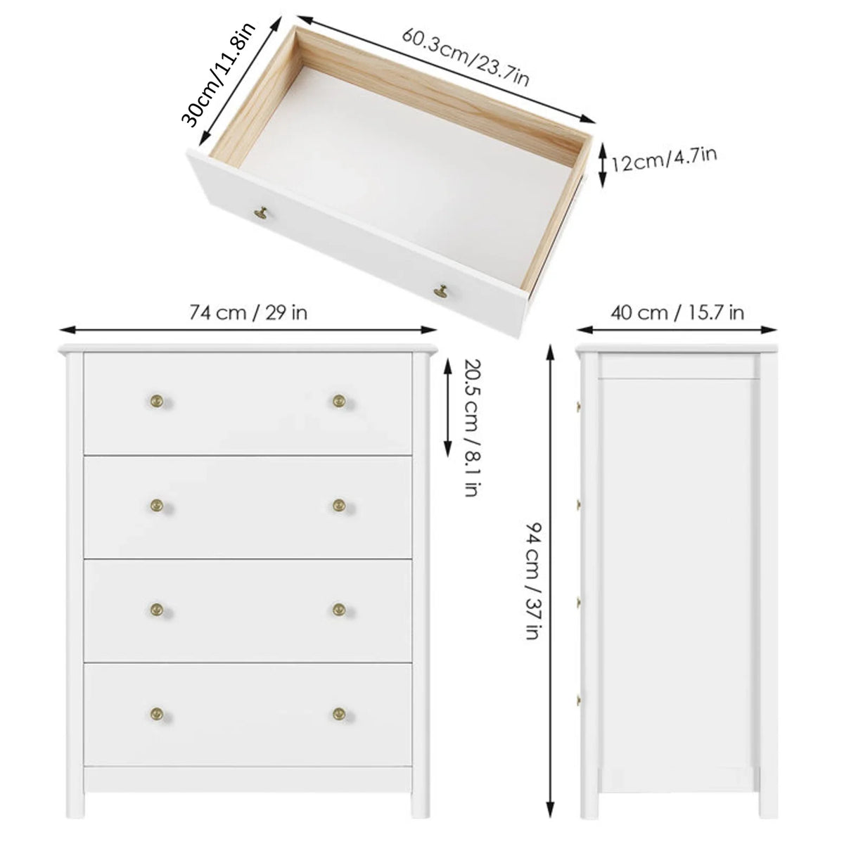 Homfa Vertical Dresser with 4 Drawer, Wide Chest of Drawers Nightstand for Bedroom Closet Entryway, White