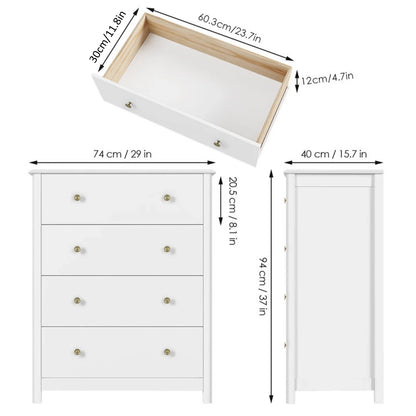Homfa Vertical Dresser with 4 Drawer, Wide Chest of Drawers Nightstand for Bedroom Closet Entryway, White