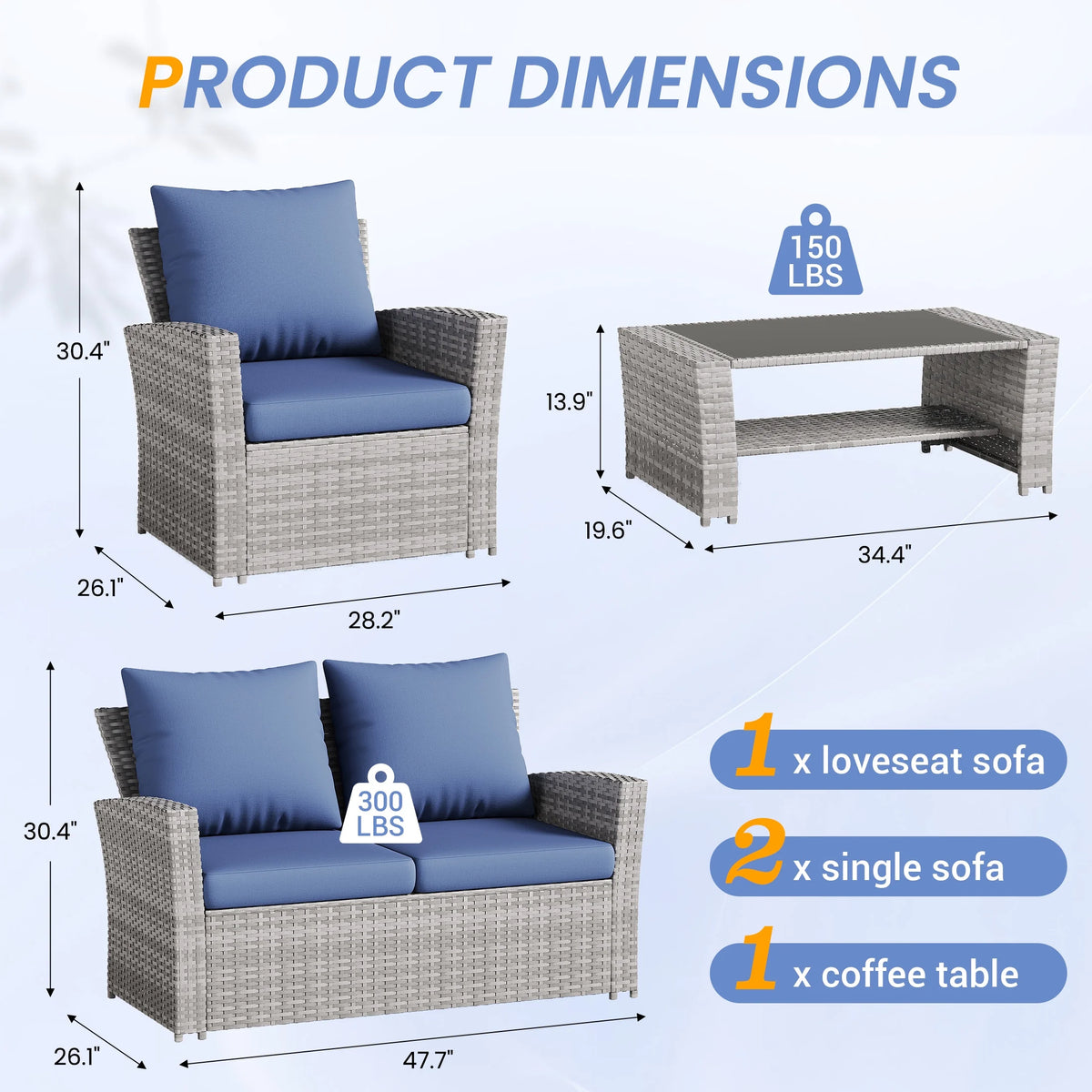 UDPATIO Wicker Patio Furniture Set, 4 Piece Outdoor Sectional Conversation Sets, Gray PE Rattan Patio Sofa Set for Balcony, Porch, Backyard, Grey