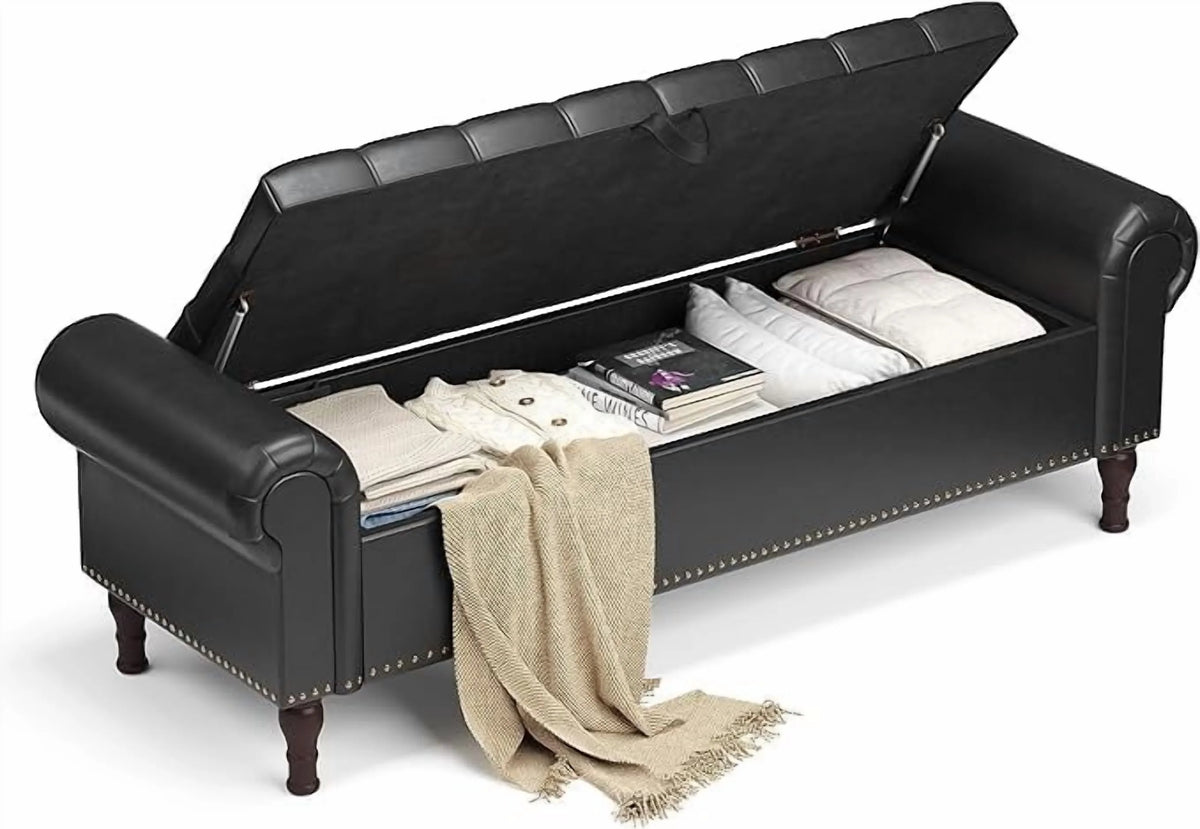 Gelloan Storage Ottoman Bench for Bedroom,Upholstered Bedroom Bench with Rolled Arms and Rivets, Storage Chest for Living Room,Grey,51 Inches