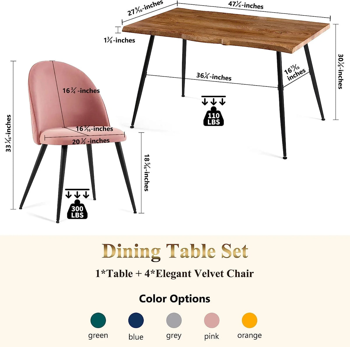NORDICANA Dining Table Set for 4,Stylish Table with Strong Metal Legs & Modern Dining Chair Armlss Beautiful Home Chair Indoor Velvet Accent Chair with High Back Design,Perfect for Dining Room