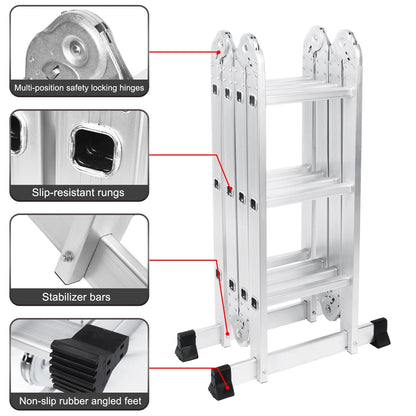 BETISEF 12.5ft 7 in 1 Multi-Purpose Ladder, Folding Aluminium Extension Ladder w/Anti-Slip Feet, EN 131 Standard 330LB Capacity