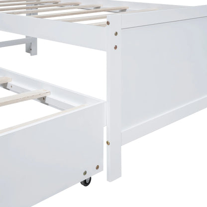 Euroco Wood Twin Size Platform Bed with Storage Headboard, Drawers Trundle and LED Light, White