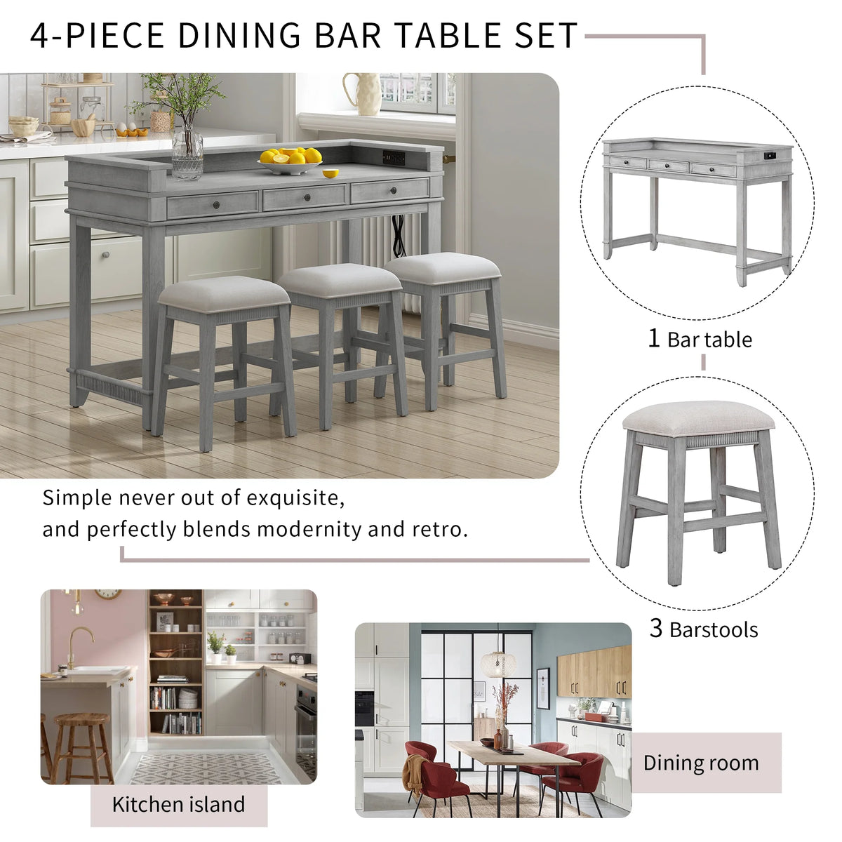 Harper & Bright Designs 4 Piece Bar Table Set for 4, Kitchen Dining Stools Set with 3 Upholstered Stools with 3 Drawers and USB Port, Gray