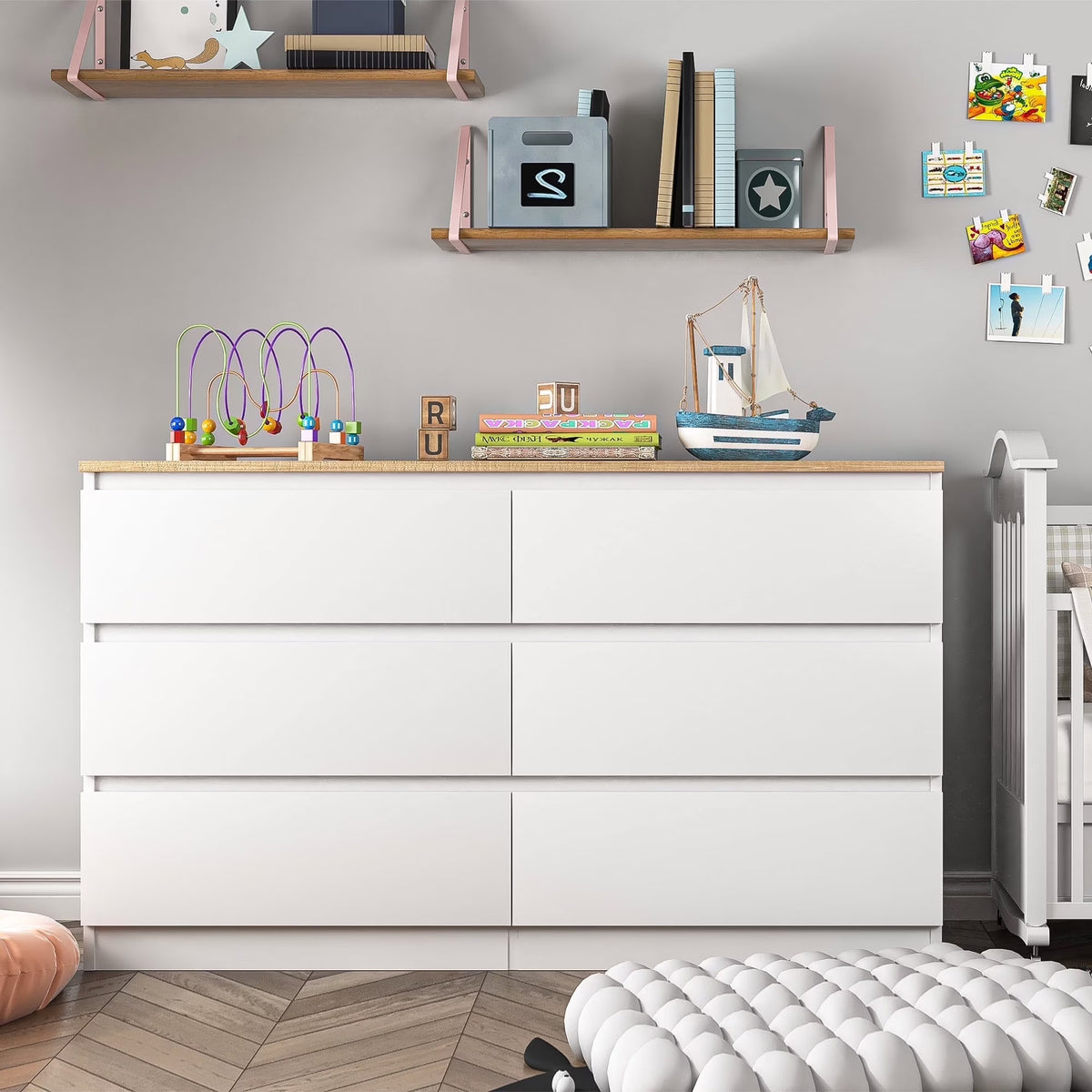 Kadyn White Chest of Drawer, 6 Double Drawer Dresser for Bedroom, Modern Storage Cabinet for Living Room, Dresser