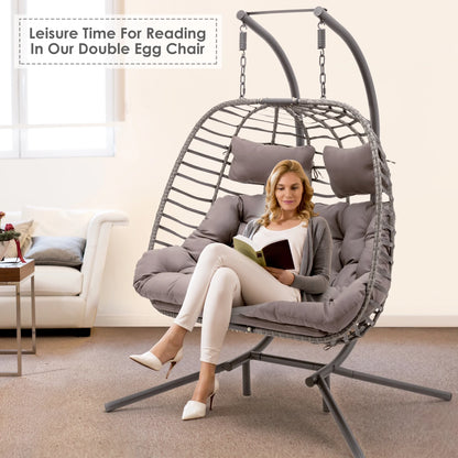 Brafab 2 Person Swing Egg Chair with Sturdy Stand and Fluffy Cushion, Large Double Hand-Woven Wicker Rattan Hanging Egg Chairs, Porch Swing Loveseat 500LBS Capacity for Indoor Outdoor, Light Grey