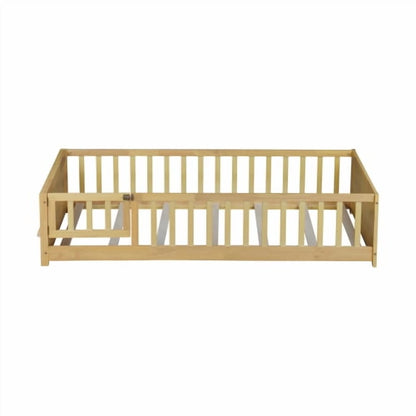 Bellemave Twin Size Floor Bed with Fence, Montessori Floor Twin Bed with Built-in Book Rack, Solid Wood Twin Bed with Slats and Safety Guardrails, Natural