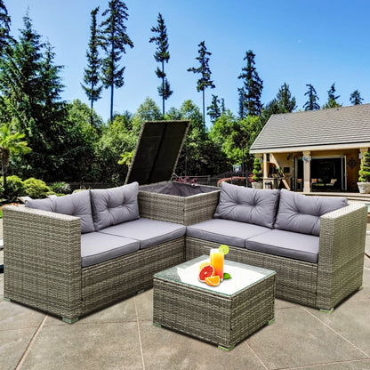 SEGMART 4 Piece Patio Furniture Set, All-Weather Outdoor Sectional Sofa Set, PE Rattan Conversation Set with Storage Box, Table & Cushions, Wicker Furniture Couch Set for Patio Deck Garden