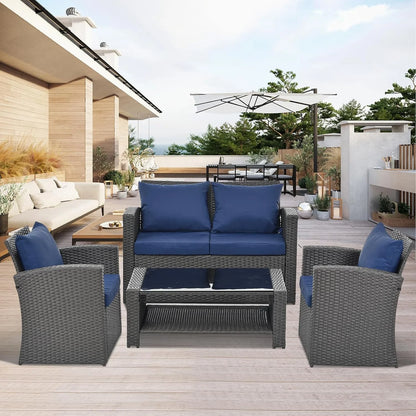 HighSound 4 Piece Patio Furniture Set, Outdoor Wicker Patio Sectional Sofa, All Weather PE Rattan Outdoor Sectional with Cushions & Coffee Table, Dark Gray