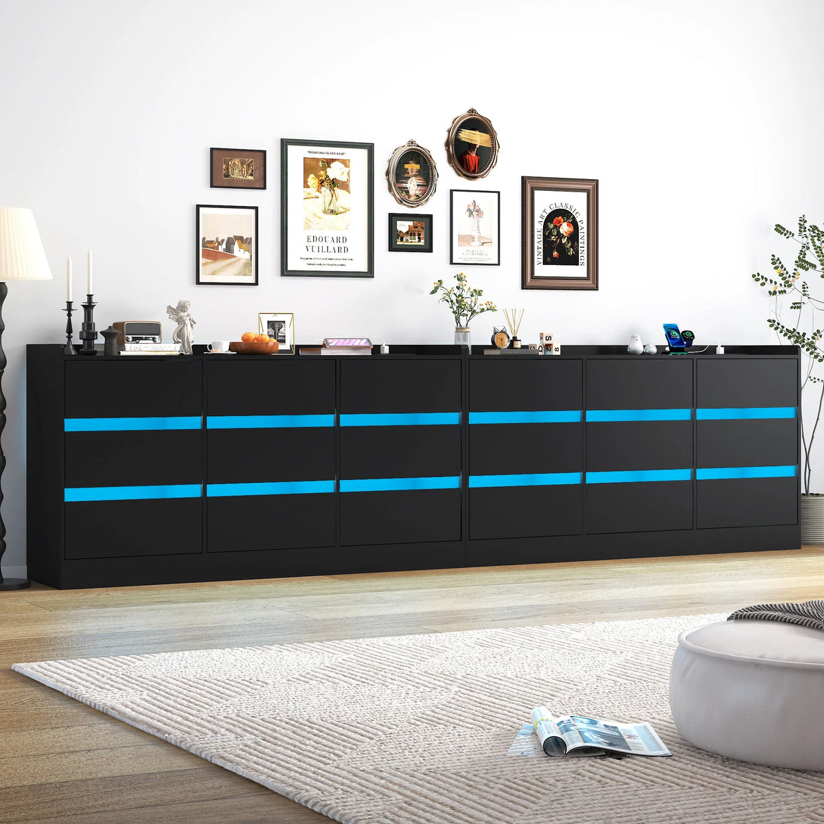 9 Drawer Dresser for Bedroom with Power Outlet, 63" Large Dresser with LED Light, Wooden Dresser For Closet, Chest of Drawers with Raised Edges