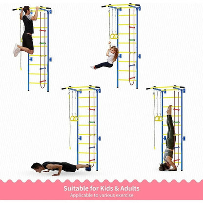 Cuoote 5 in-1 Metal Wall Ladder Stall Bars Set, Indoor Kids Gym for Exercise, Ladder Wall Set with Wall Ladder, Pull-up Bar, Climbing Rope, Gymnastic Rings, Kids Climbing Toys for Boys Girls