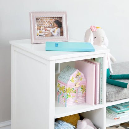 Martha Stewart Kids' Jr. Reading Nook with Bins - Linen White: Kids Wood Bookshelf and Storage Bench with Open Shelves and Canvas Storage Bins for Toys, Games, and Books