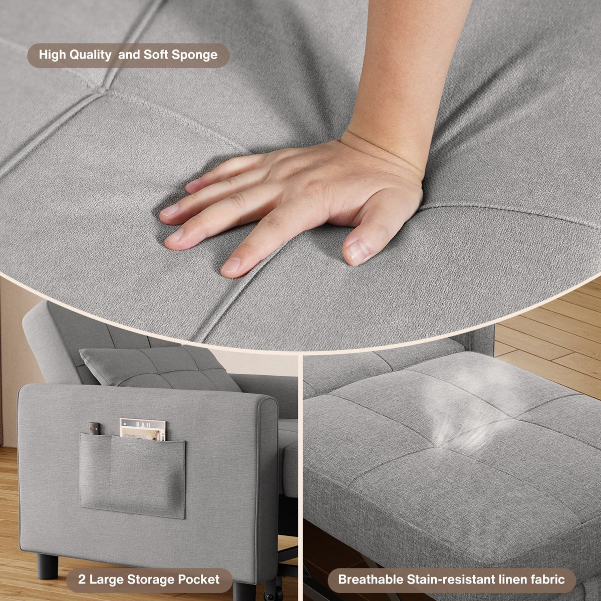 Sofa Bed, Lofka 3-in-1 Convertible Sleeper Sofa with Storage, Adjustable Backrest & Pull Out Function - Sleeper Chair for Small Space, Apartment, Dark Grey
