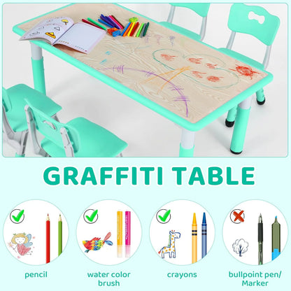 LAZY BUDDY Kids Table and 4 Chairs Set, Height Adjustable Toddler Desk with Graffiti Desktop, Kids Activity Table Set for Daycare, Home