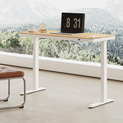 FLEXISPOT 48" W Home Office Height Adjustable Standing Desk White and Maple with USB Charge Ports and Embedded Drawer