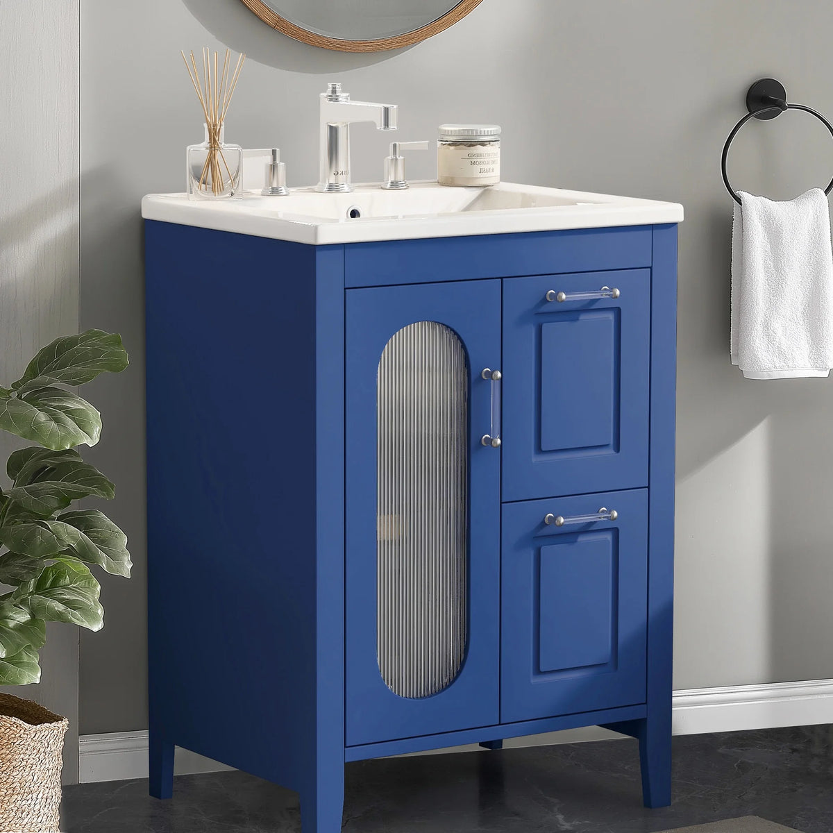 Soges 24" Bathroom Vanity with Ceramic Sink, Solid Wood Bathroom Makeup Cabinet with Door, Adjustable Shelf and 2 Drawer, Free Standing Single Basin Vanity Set for Small Bathroom, White