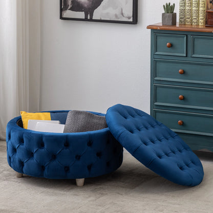 WestinTrends Wordford Round Velvet Tufted Storage Ottoman, Velvet Navy Blue