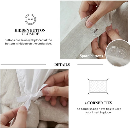Simple&Opulence 100% Washed Linen Duvet Cover Set-3 Pieces Shabby Chic Premium Ruffled Bedding with 1 Comforter Cover and 2 Pillowshams France Flax High End Frill Sets Vintage Style(King, White)