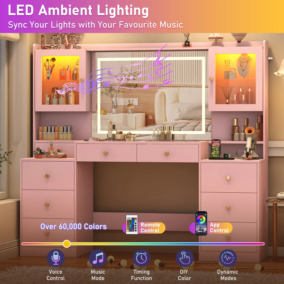 ChVans 62'' Large Vanity Desk with Tempered Glass Top, 60000-color LED Lights, Charging Station, White Makeup Vanity with 3 Lights Mode LED Mirror, 9 Drawers, 2 RGB cabinets for Women, Girls Gift