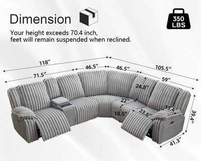 Power Reclining Sectional Sofa with Wireless Charger,6-Seater Faux Fur Sectional with Recliners,Hidden Cup Holders,Storage Console,USB & Type-C Ports,Black