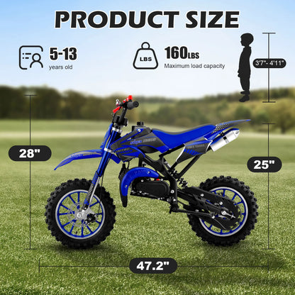 Gpower Gasoline 49cc Dirt Bike for Kids 6-15,2-Stroke Gas Power Mini Dirt Bike,1-Seater,Blue