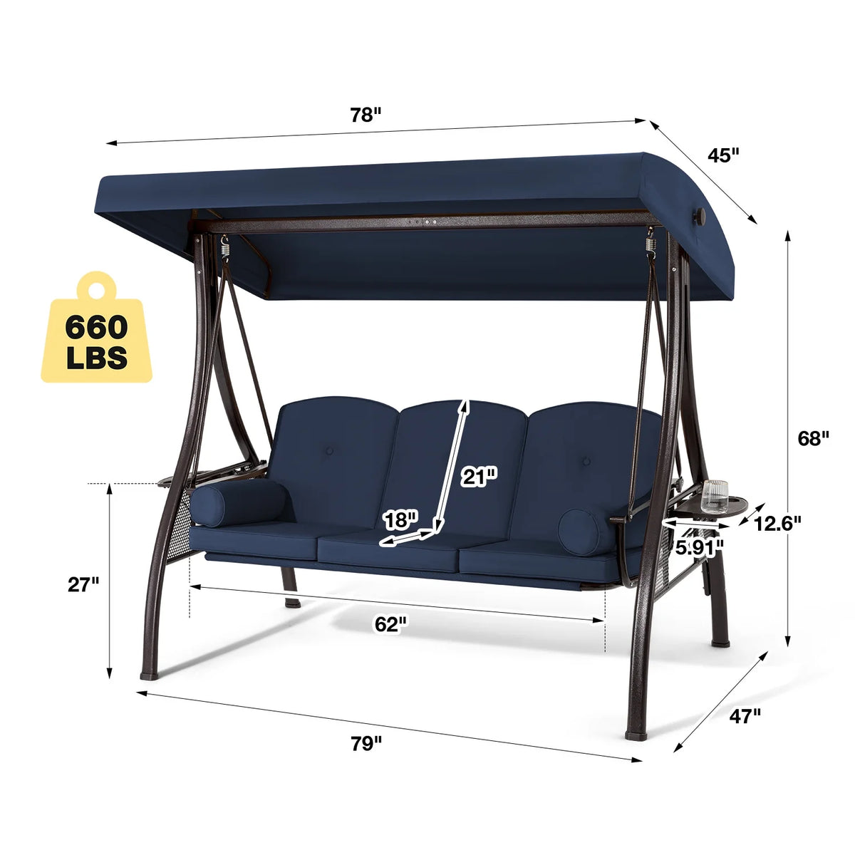 Homrest 3 Person Patio Outdoor Porch Swing with Adjustable Canopy, Backrest, Swing Bed with Stand for Garden,Deck