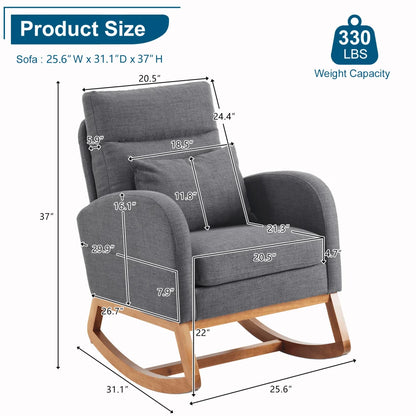 Hassch Upholstered Rocking Chair, Linen Fabric Glider Rocker with High Back, Accent Chair with Solid Wood Base, Reading Chair with Side Pocket for Living Room Bedroom Balcony, Gray