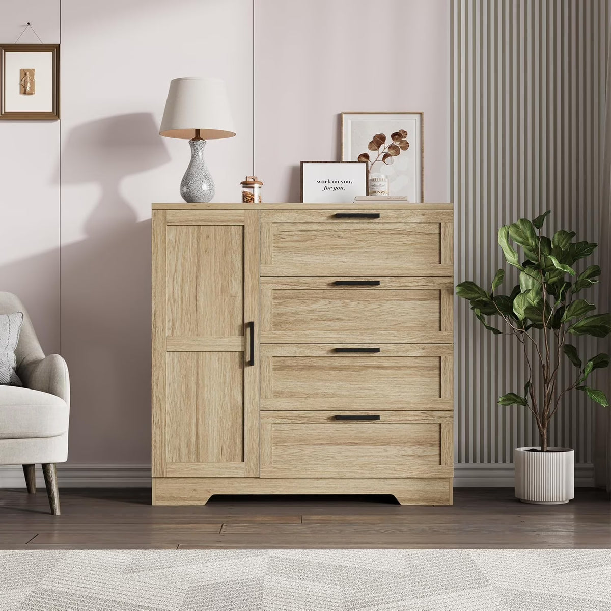 43.3'' Small Wardrobe Closet, Wardrobe Cabinet with Door, 4 Drawers and Handing Rod, Wooden Clothes Cabinet 4 Drawer Dresser for Bedroom, Laundry Room, Cloak Room, Natural Oak