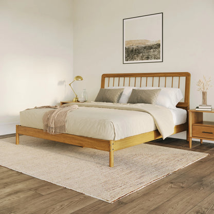 Walker Edison Mid-Century Modern Slatted Solid Wood Queen Bedframe, Natural Pine