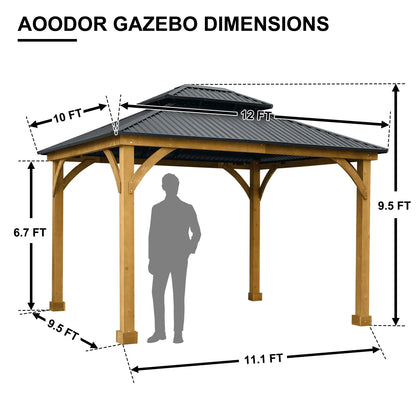 Aoodor 10 x 12 ft Wooden Frame Gazebo with 2-Tier Galvanized Metal Hardtop Roof, Outdoor Patio Gazebo with Charging Socket for Patio, Backyard, Deck, and Lawn