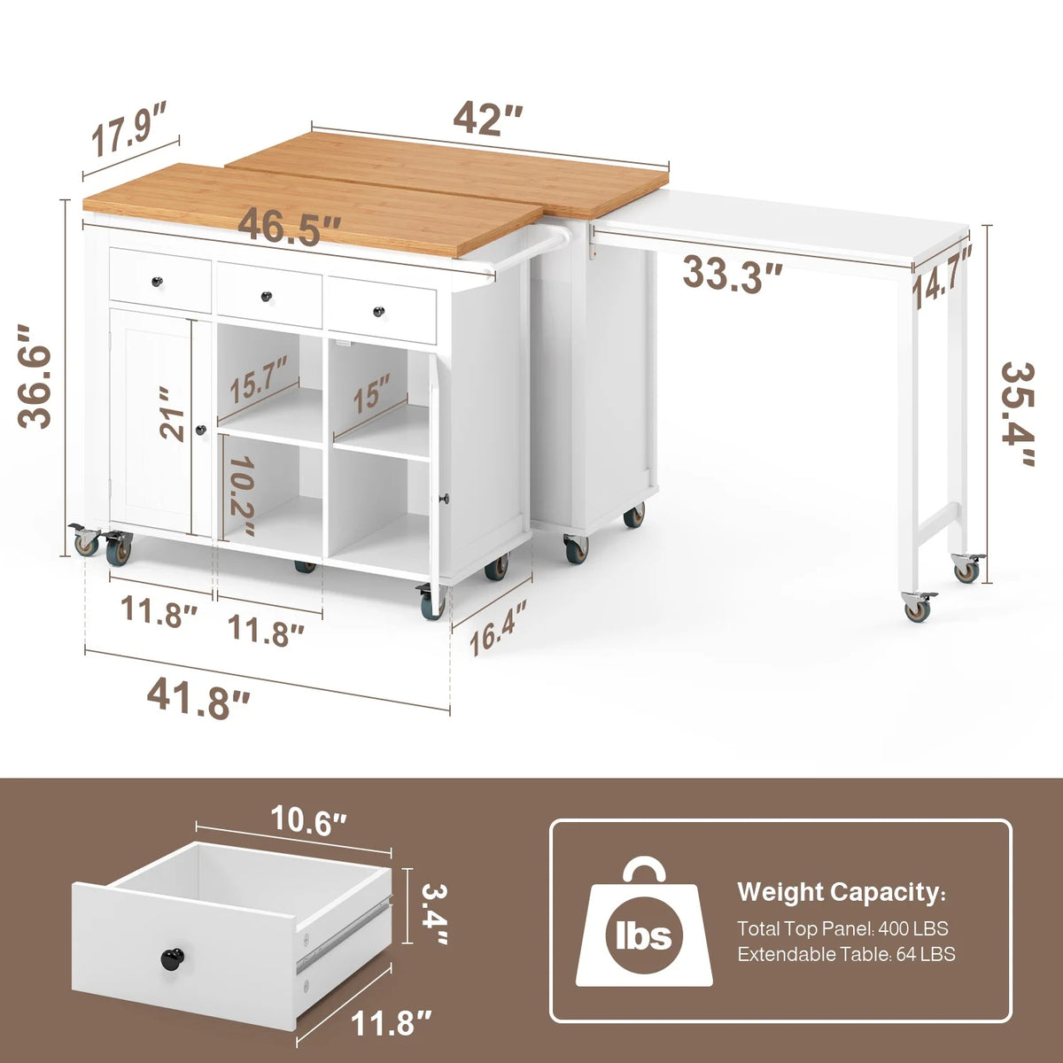 Noelse Rolling Kitchen Island with Drop Leaf Table and Hidden Trash Cabinet, Mobile Kitchen Cart with Storage Drawer, Adjustable Shelves & Rubberwood Countertop on Wheels, White