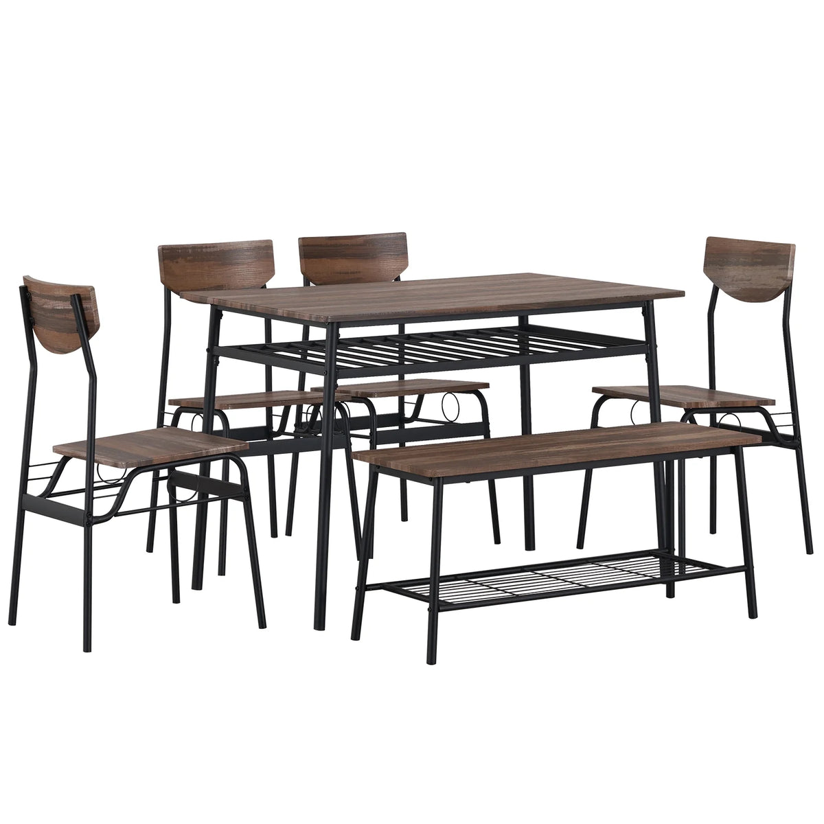 6-Piece Dining Table and Chair Set, Includes 1 Table, 1 Bench and 4 Chairs, Rectangular Kitchen Table and Armless Chairs, Compact Chairs with Curved Backrest for Dining Room