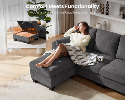 CHIC HOUSE 154.5" Sectional Sofa with Storage Ottoman Chaise, Corduroy U Shaped Sofa Convertible Sectional Couches for Living Room, 12 Seater Corner Modular Sofa with Deep Seat Throw Pillows, Green